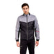 MMayenQuiltedJacket- A man wearing a gray and black color-blocked puffer jacket with black pants, standing against a solid white background.