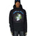 MMetallicaWaterproofHoody-Person wearing a black hoodie with a graphic design on a white background