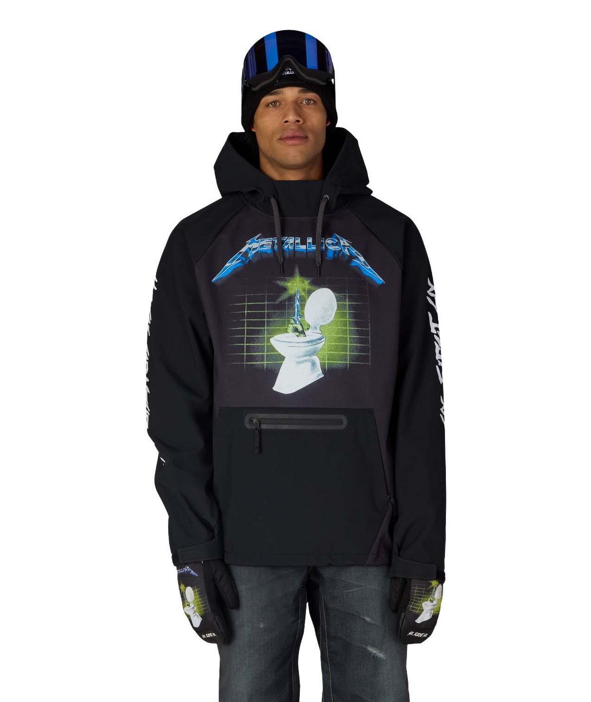 MMetallicaWaterproofHoody-Person wearing a black hoodie with a graphic design on a white background