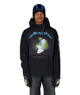 MMetallicaWaterproofHoody-Person wearing a black hoodie with a graphic design on a white background