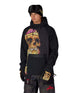 MMetallicaWaterproofHoody-Person wearing a black hoodie with a colorful skull design on a white background