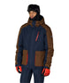 MNightlineInsulatedJacket-Person wearing a brown and navy jacket with red accents on a white background