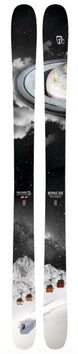 MNomad106- Black ski with a planet at the tip and a ski lift on the tail on a white background 