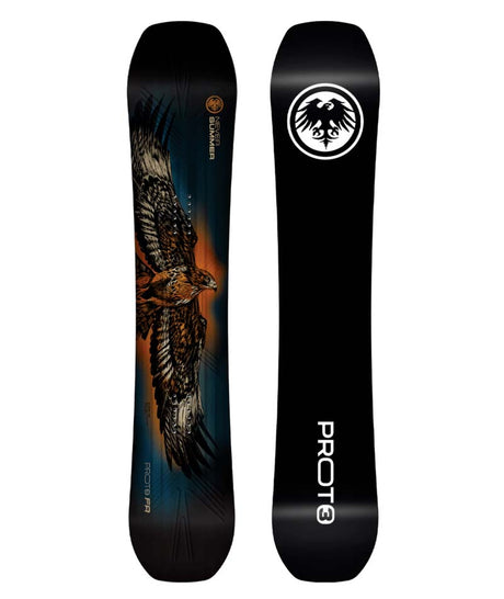 MPROTOT3FR- Black snowboard with a bird on the top sheet and fully black base on a white background