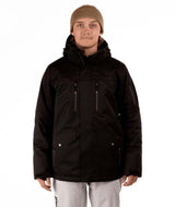 MQuestJacket-Person wearing a black jacket and beige beanie on a white background