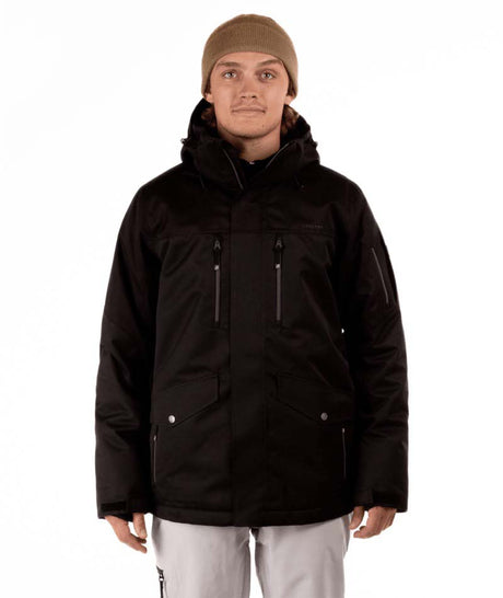 MQuestJacket-Person wearing a black jacket and beige beanie on a white background