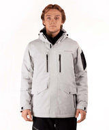 MQuestJacket-Man wearing a light gray jacket with black accents on a white background