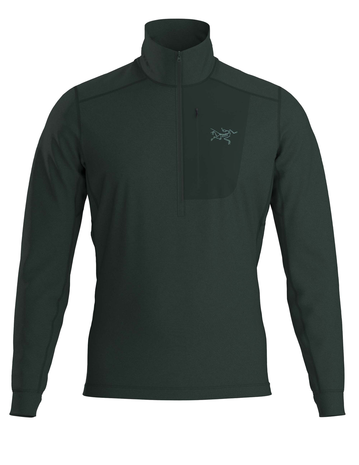 MRhoLTZipNeck- A dark green quarter zip with a dark green patch on the left upper chest that has a zipper pocket on a white background