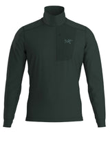 MRhoLTZipNeck- A dark green quarter zip with a dark green patch on the left upper chest that has a zipper pocket on a white background