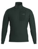 MRhoLTZipNeck- A dark green quarter zip with a dark green patch on the left upper chest that has a zipper pocket on a white background
