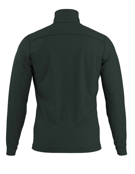 MRhoLTZipNeck- A dark green quarter zip with a dark green patch on the left upper chest that has a zipper pocket on a white background