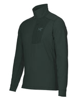 MRhoLTZipNeck- A dark green quarter zip with a dark green patch on the left upper chest that has a zipper pocket on a white background