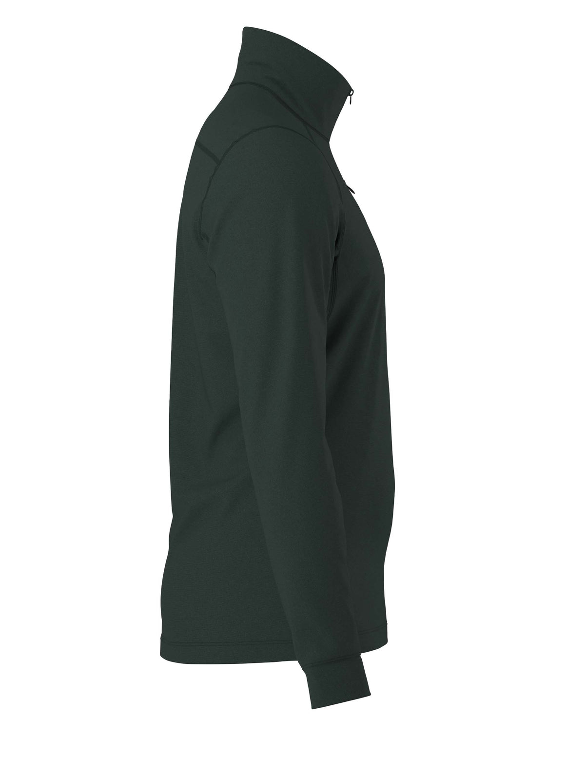 MRhoLTZipNeck- A dark green quarter zip with a dark green patch on the left upper chest that has a zipper pocket on a white background
