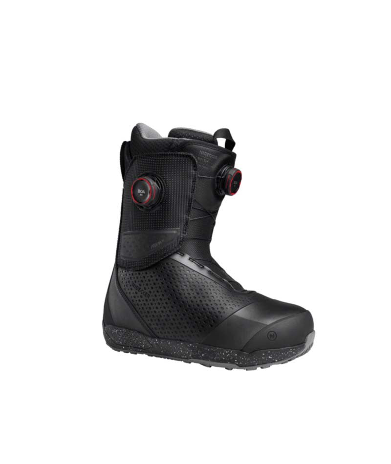 MRiftPro-Black snowboard boot with red accents on a white background