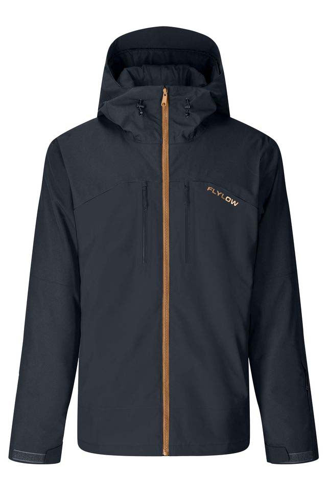 MRoswellJacket-Black jacket with orange zipper with branding on a white background