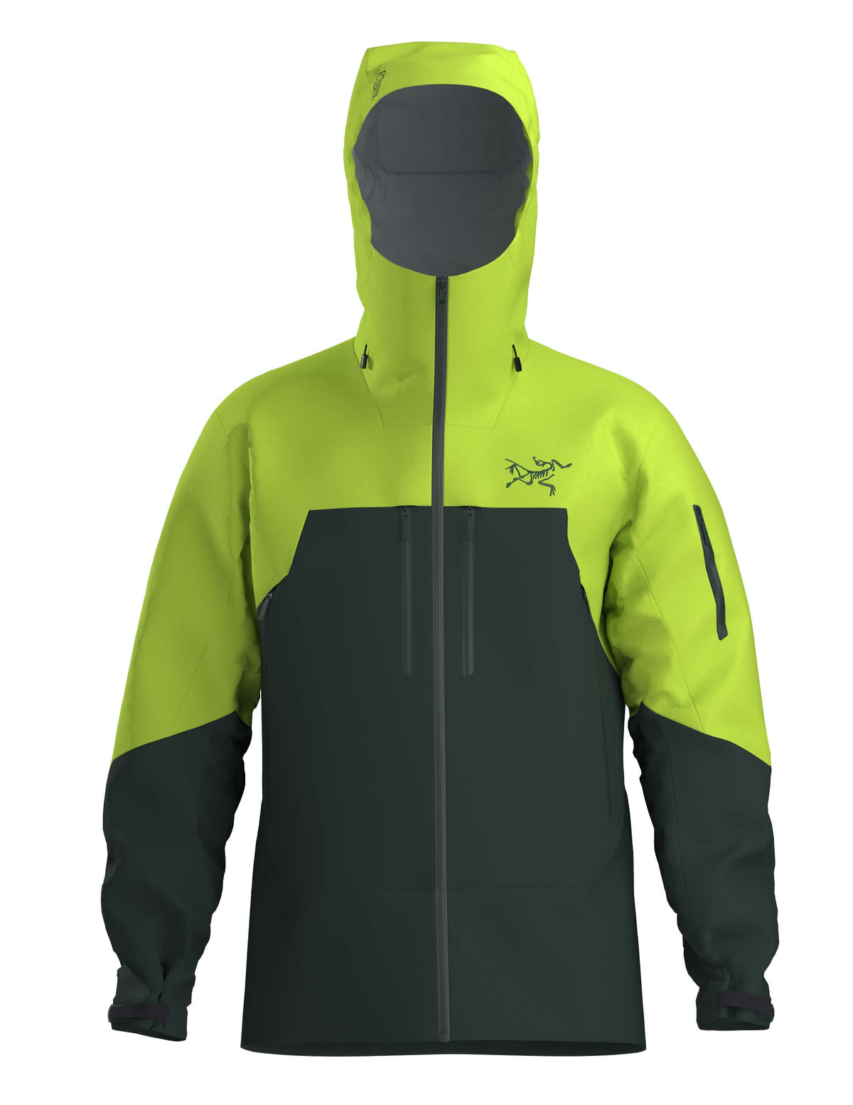 MRushJacket- A dark and light green full zip jacket on a white background