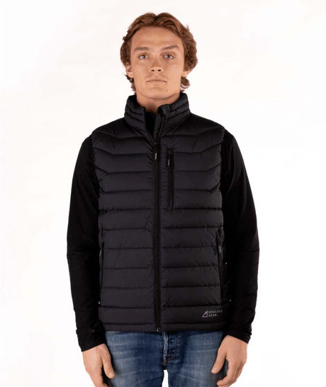 MSawyerPuffyVest-Man wearing a black puffer vest over a black shirt on a white background