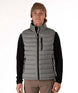 MSawyerPuffyVest-Man wearing a grey puffer vest over a black shirt on a white background