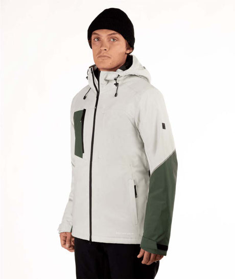 MShiftJacket-Person wearing a light gray and green jacket on a white background