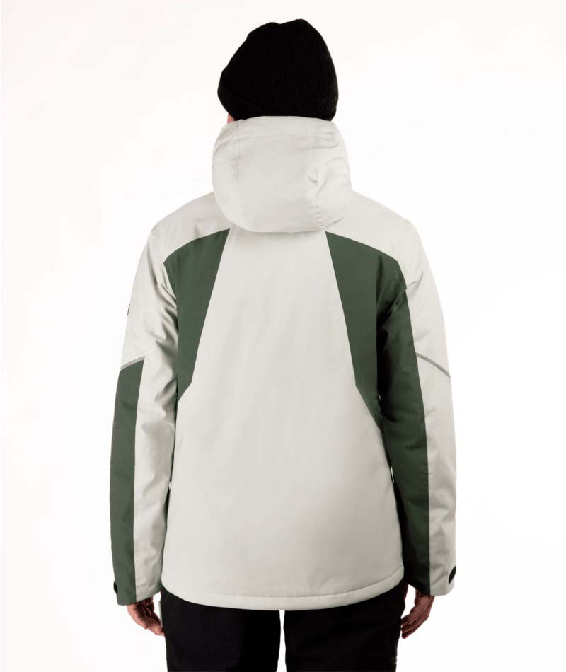 MShiftJacket-Person wearing a light gray and green jacket on a white background