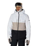 MSmarty3-in-1FormJacket-Person wearing a white and beige ski jacket with black pants on a white background