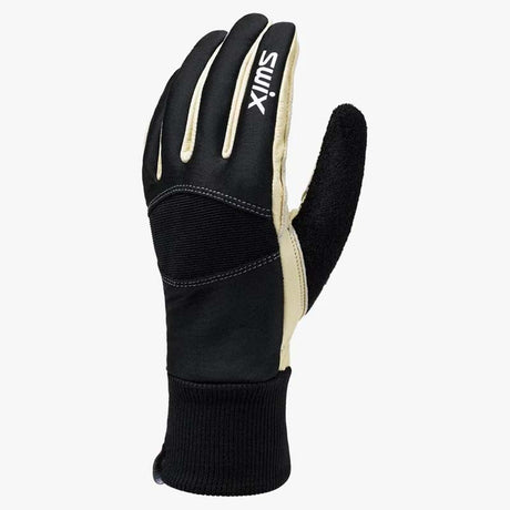 MSoloTrainingGlove-A single black ski glove with beige accents and a white 'swix' logo on the back of the hand, shown against a plain light gray background.