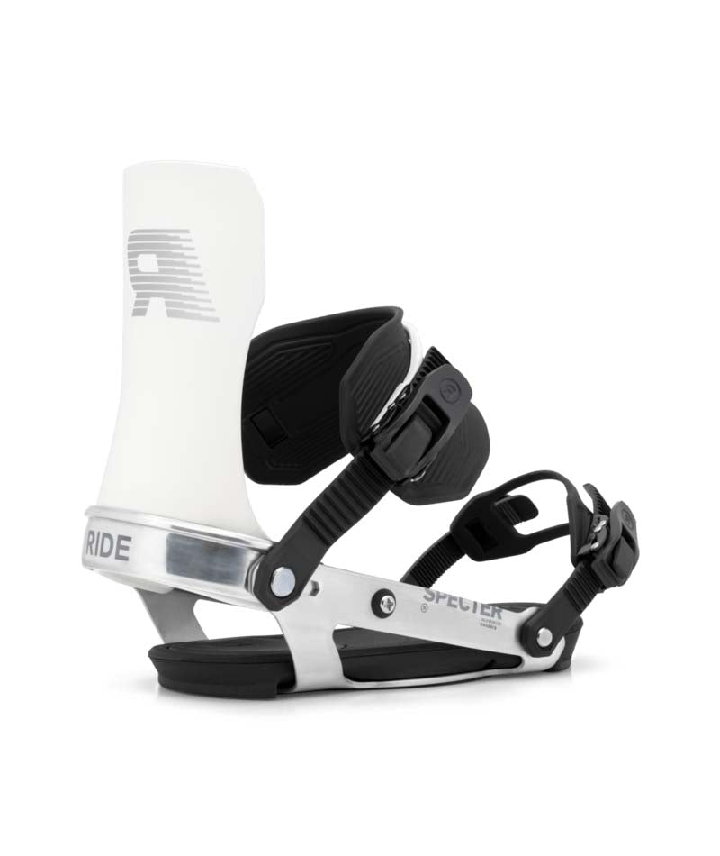 MSpecter- White snowboard bindings on a white background