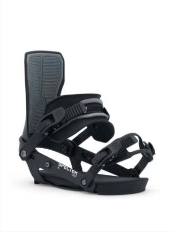 MSpecter- Black snowboard bindings on a white background