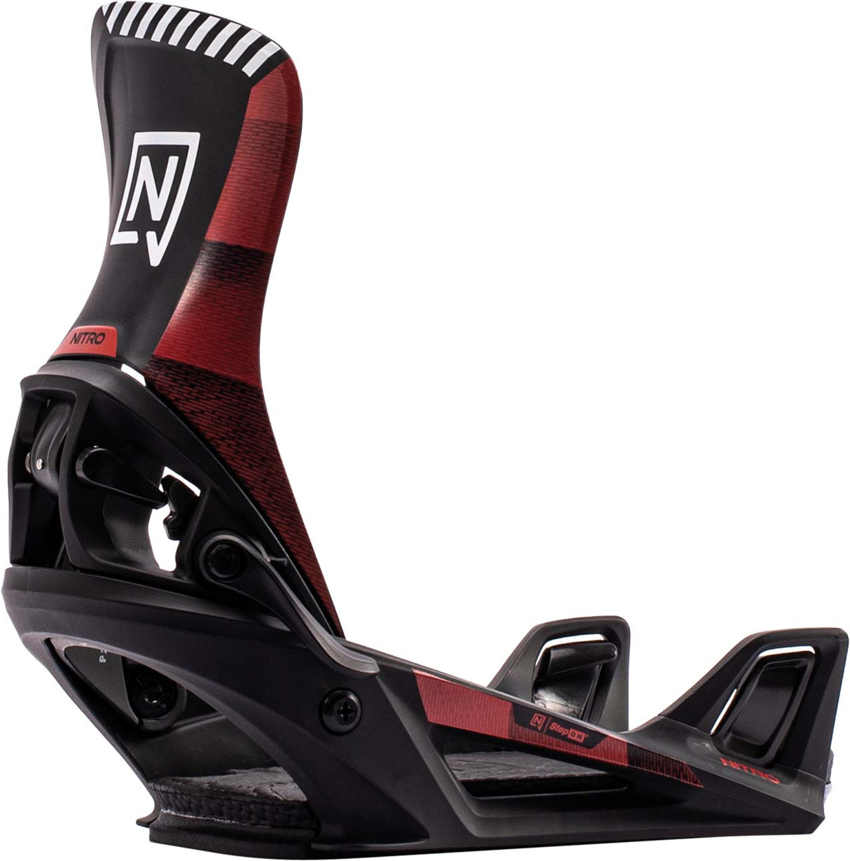 MStep-On-Black and red snowboard binding on a white background