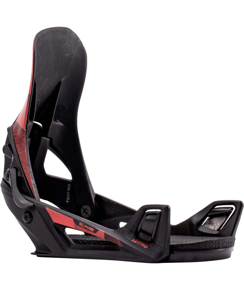 MStep-On-Black and red snowboard binding on a white background