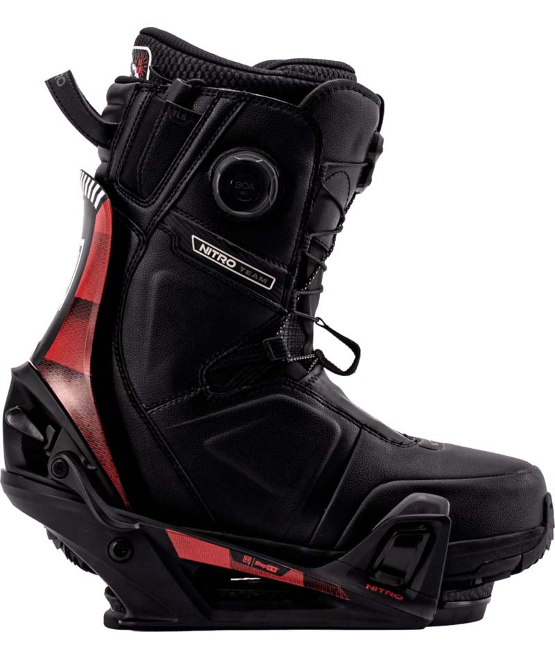 MStep-On-Black and red snowboard binding on a white background