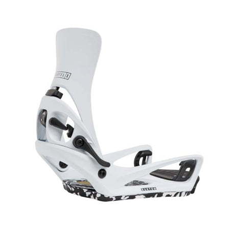 MStepOnCartelXSnowboardBindings-White snowboard binding with black accents on a white background