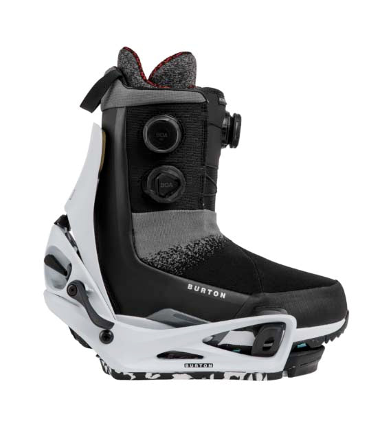 MStepOnCartelXSnowboardBindings-White snowboard binding with black accents on a white background