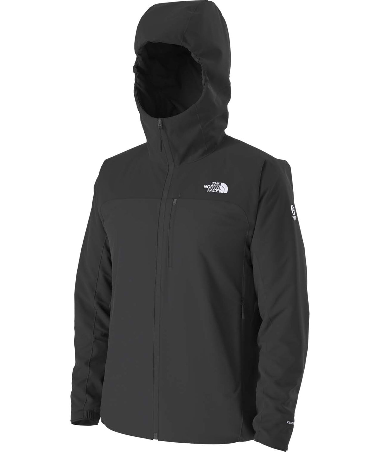 MSummitCasavalHoodie-Black hooded jacket with The North Face logo on the back against a white background