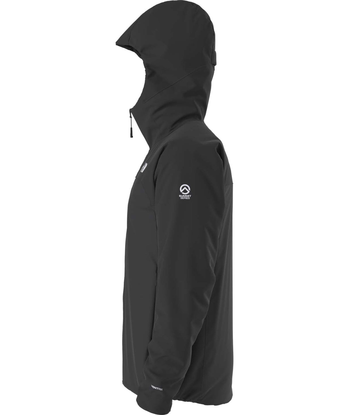 MSummitCasavalHoodie-Black hooded jacket with The North Face logo on the back against a white background
