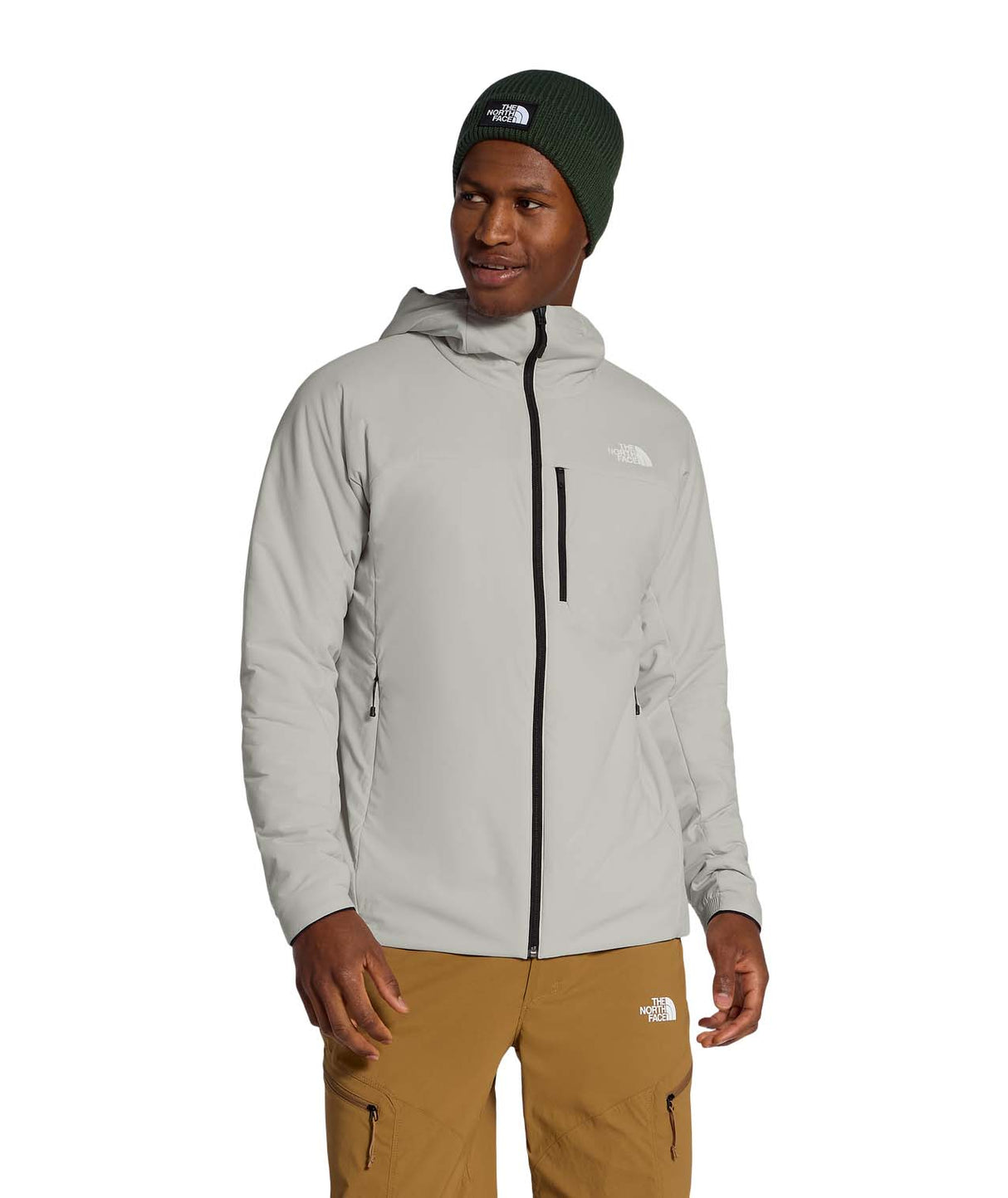 MSummitCasavalHoodie-Person wearing a light gray jacket with a black zipper and The North Face logo on a white background