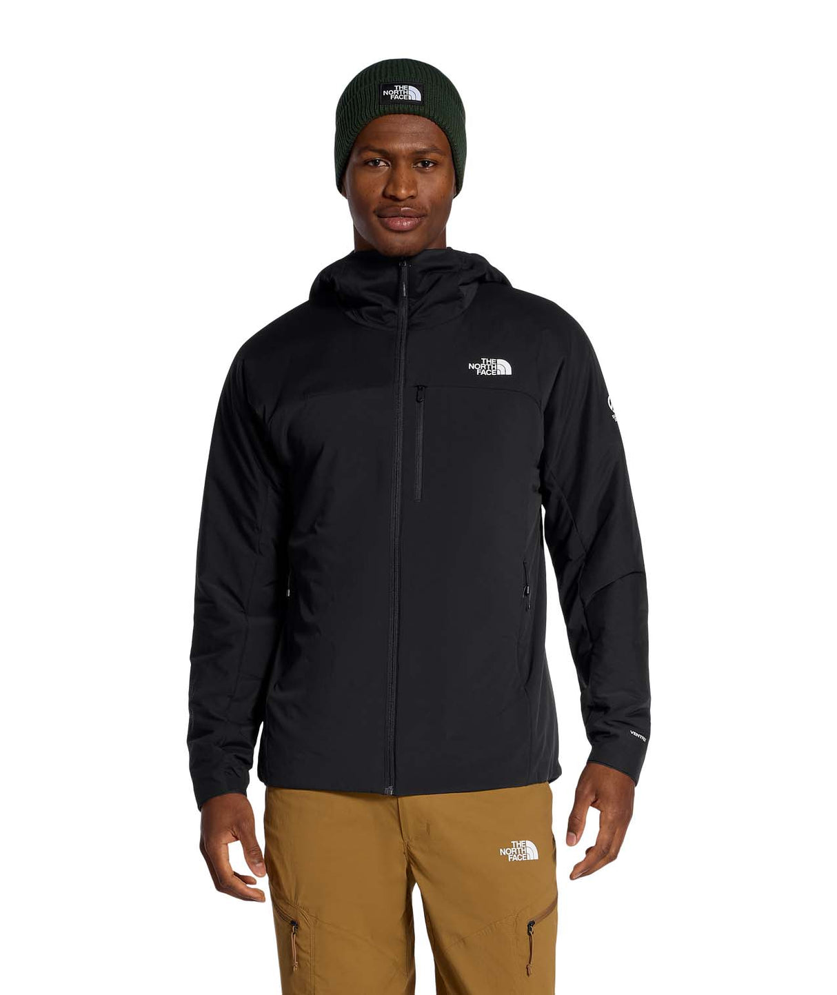 MSummitCasavalHoodie-Black hooded jacket with The North Face logo on the back against a white background