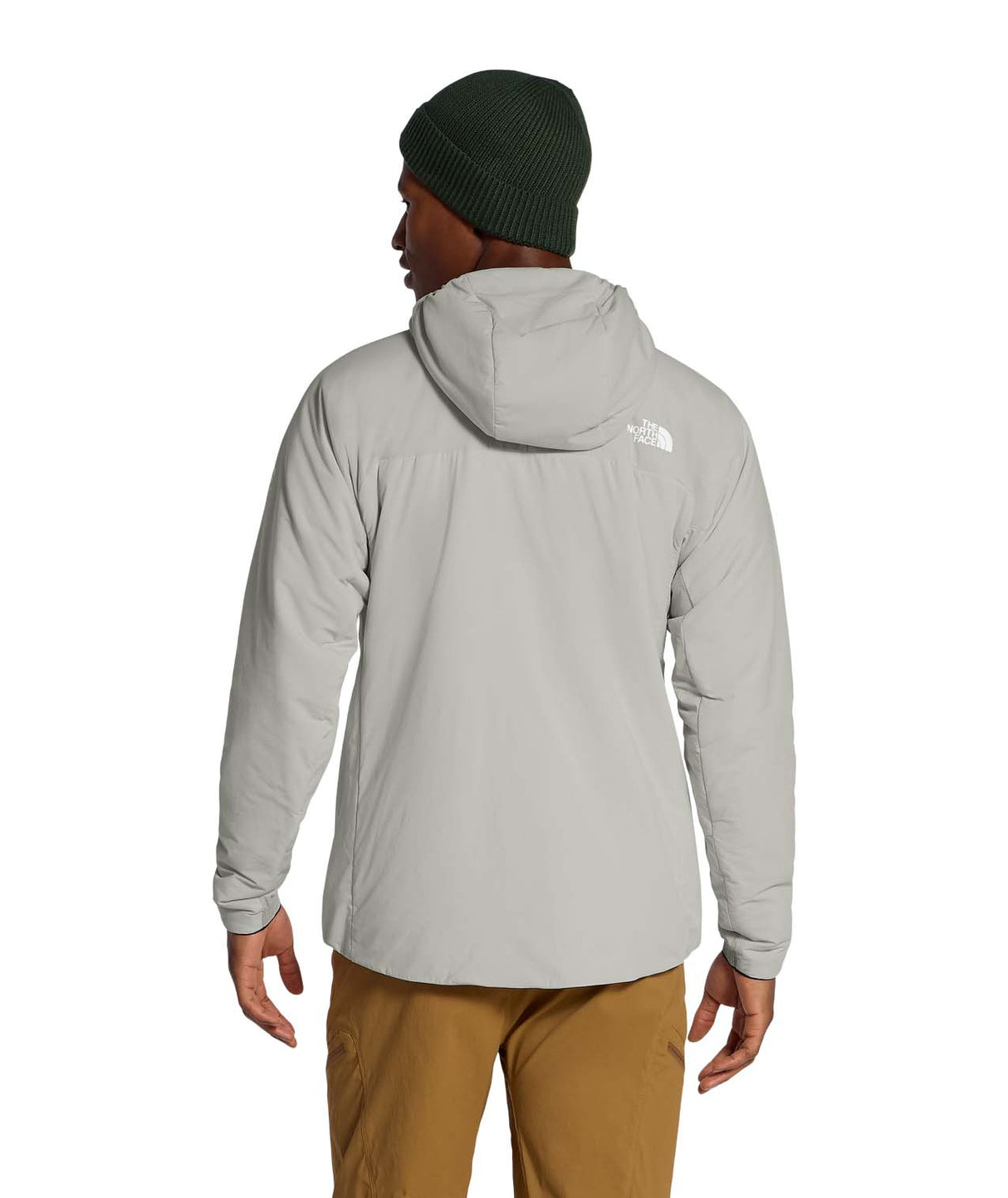 MSummitCasavalHoodie-Person wearing a light gray hoodie with a brand logo on the back, standing against a white background.