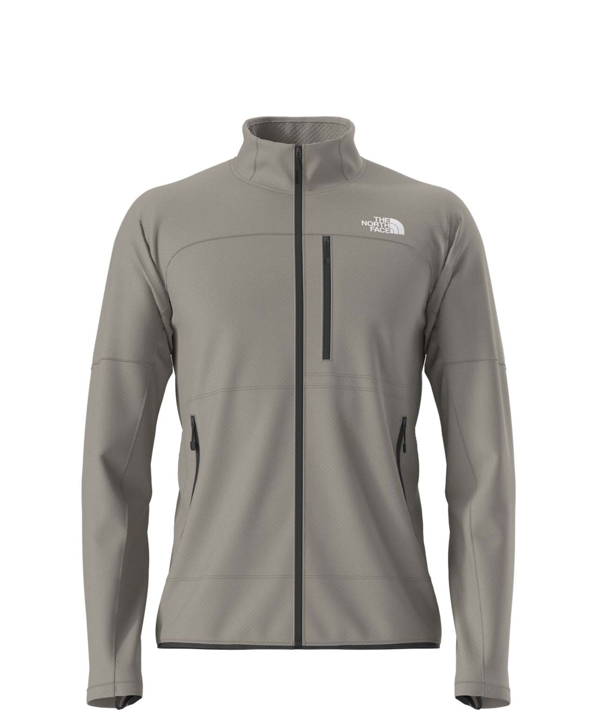 MSummitFUTUREFLEECEFullZipJacket-Gray jacket with black zipper and The North Face logo on a white background