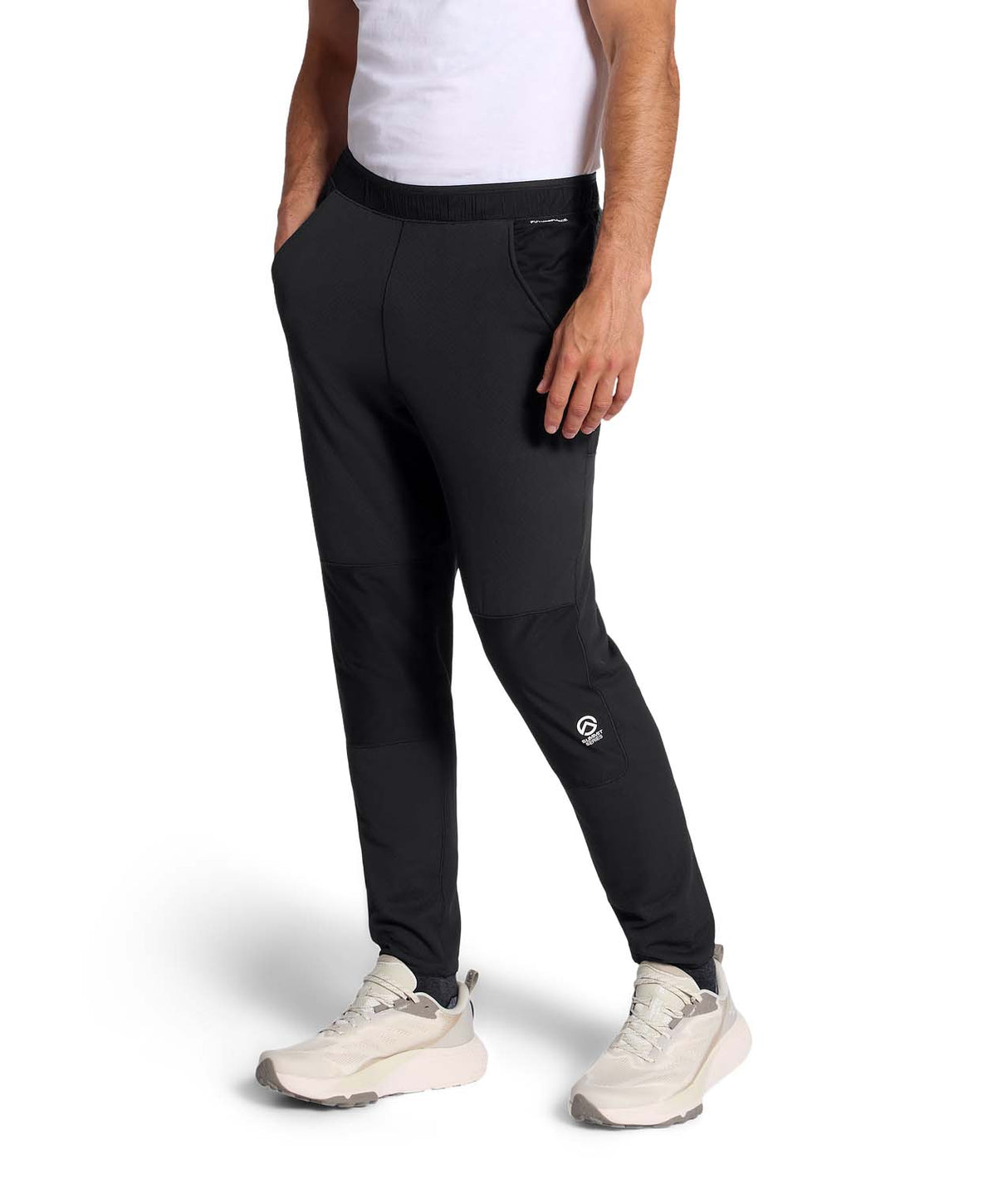 MSummitFUTUREFLEECEPant-Person wearing black jogger pants with a brand logo on a white background