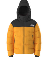 MSummitNuptseJacket-Yellow and black puffer jacket with The North Face logo on a white background