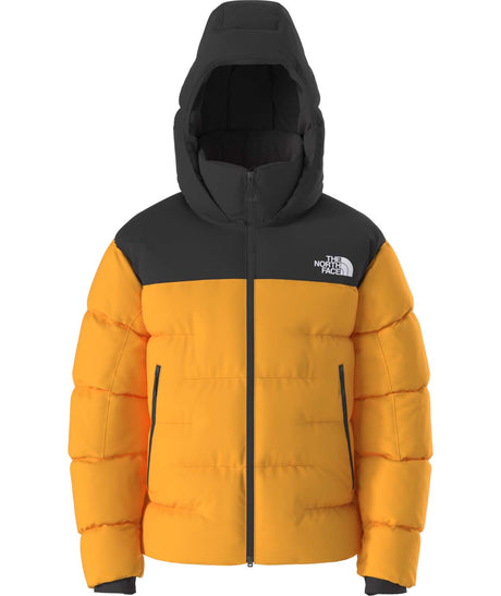 MSummitNuptseJacket-Yellow and black puffer jacket with The North Face logo on a white background