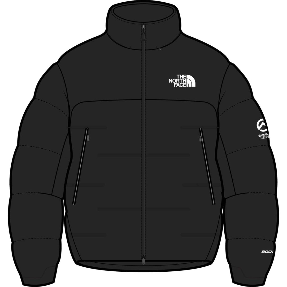 MSummitNuptseJacket-Black puffer jacket with The North Face logo on a white background