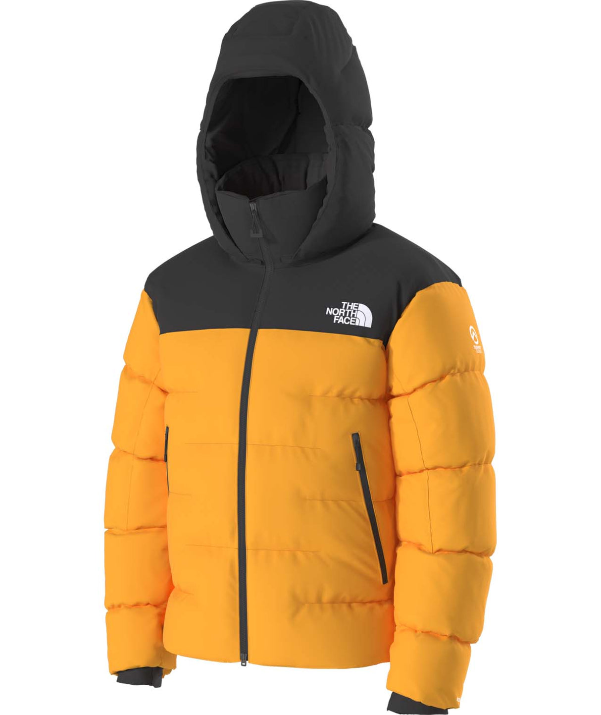 MSummitNuptseJacket-Yellow and black puffer jacket with The North Face logo on a white background