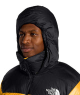 MSummitNuptseJacket-Yellow and black puffer jacket with The North Face logo on a white background