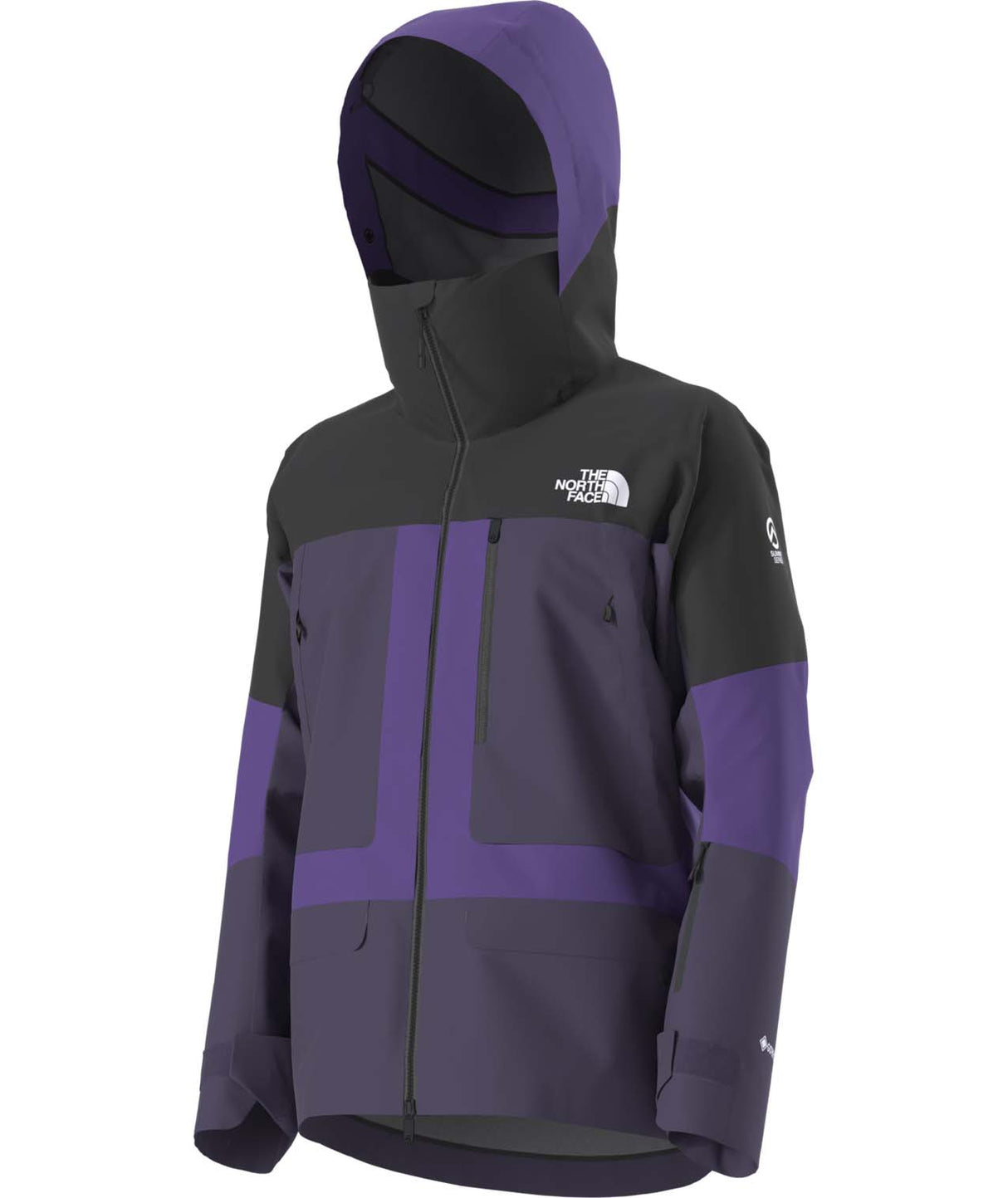 MSummitVerbierGTXJacket- Black and Purple hooded jacket with North Face logo on white background