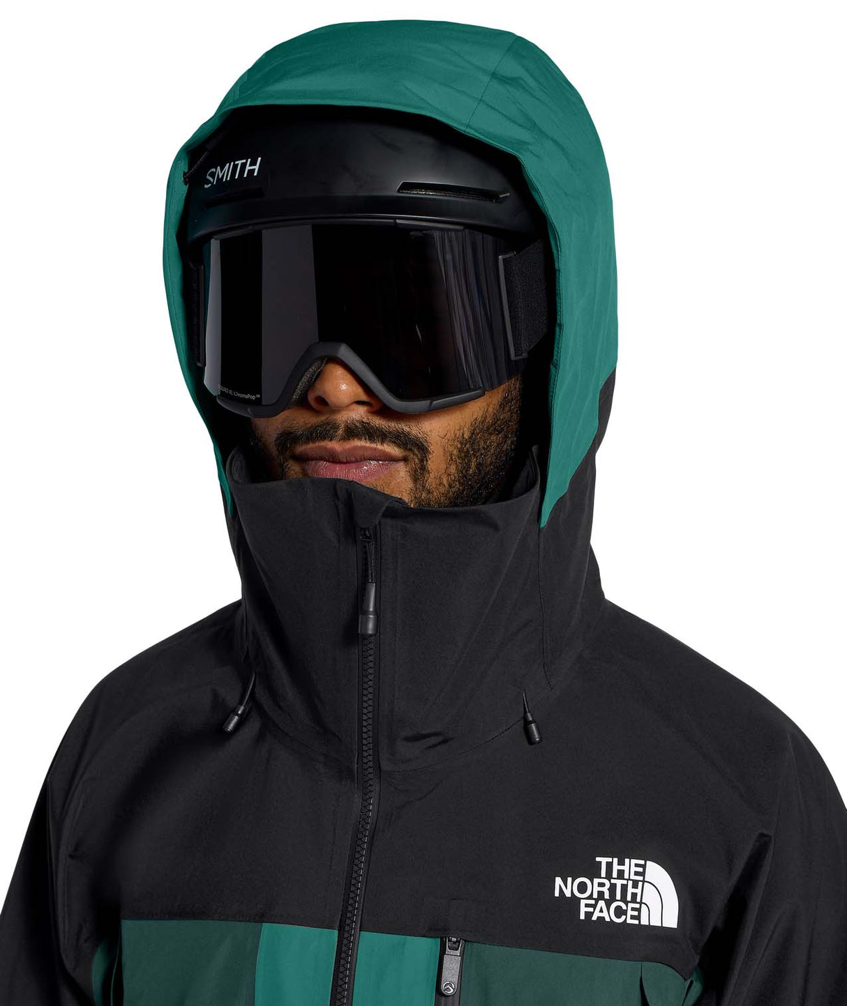 MSummitVerbierGTXJacket- Green and Black hooded jacket with North Face logo on white background