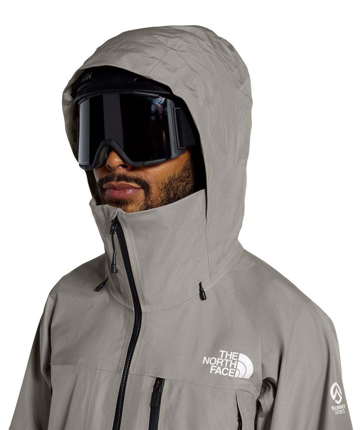MSummitVerbierGTXJacket- Beige hooded jacket with North Face logo on white background