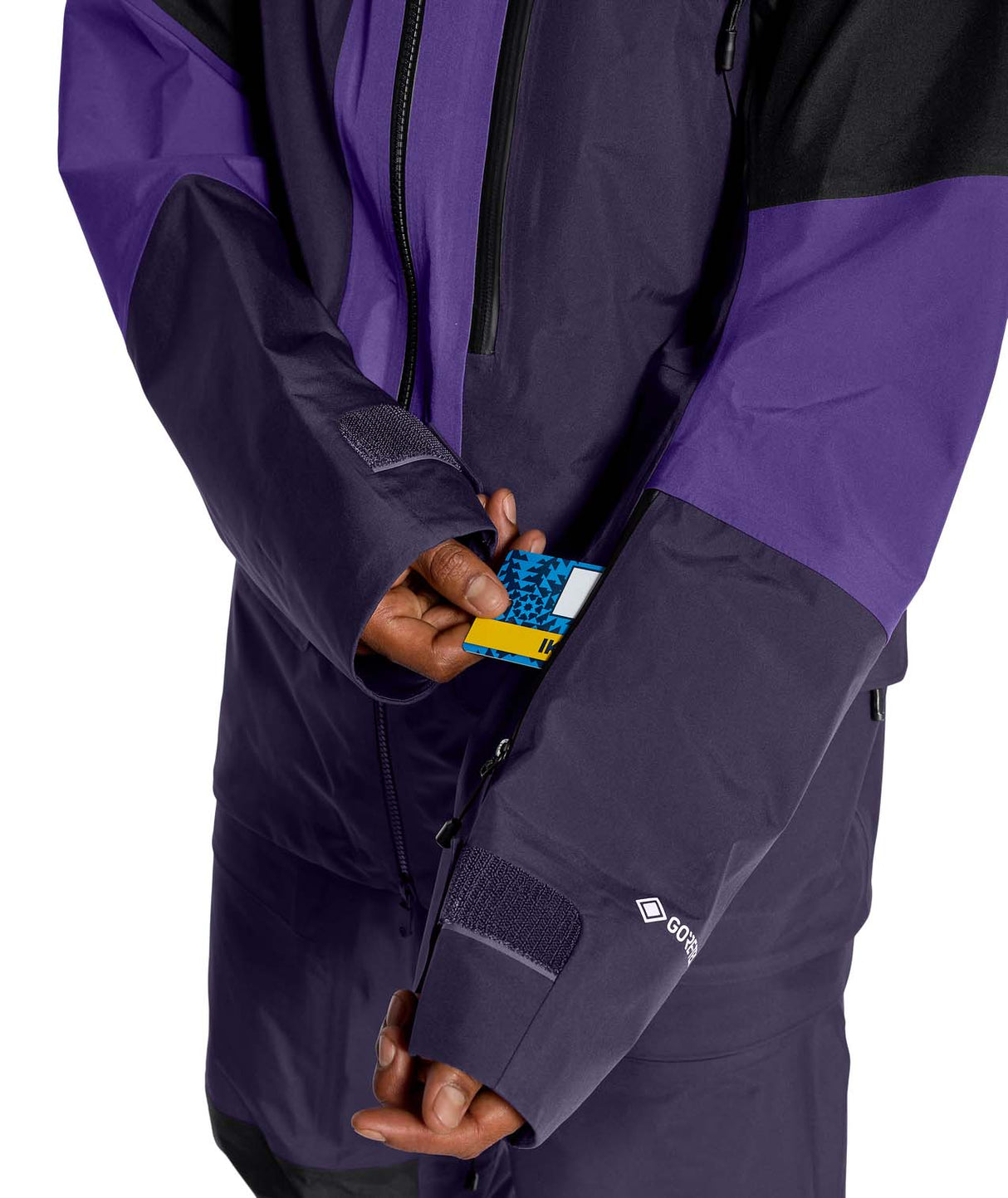 MSummitVerbierGTXJacket- Black and Purple hooded jacket with North Face logo on white background