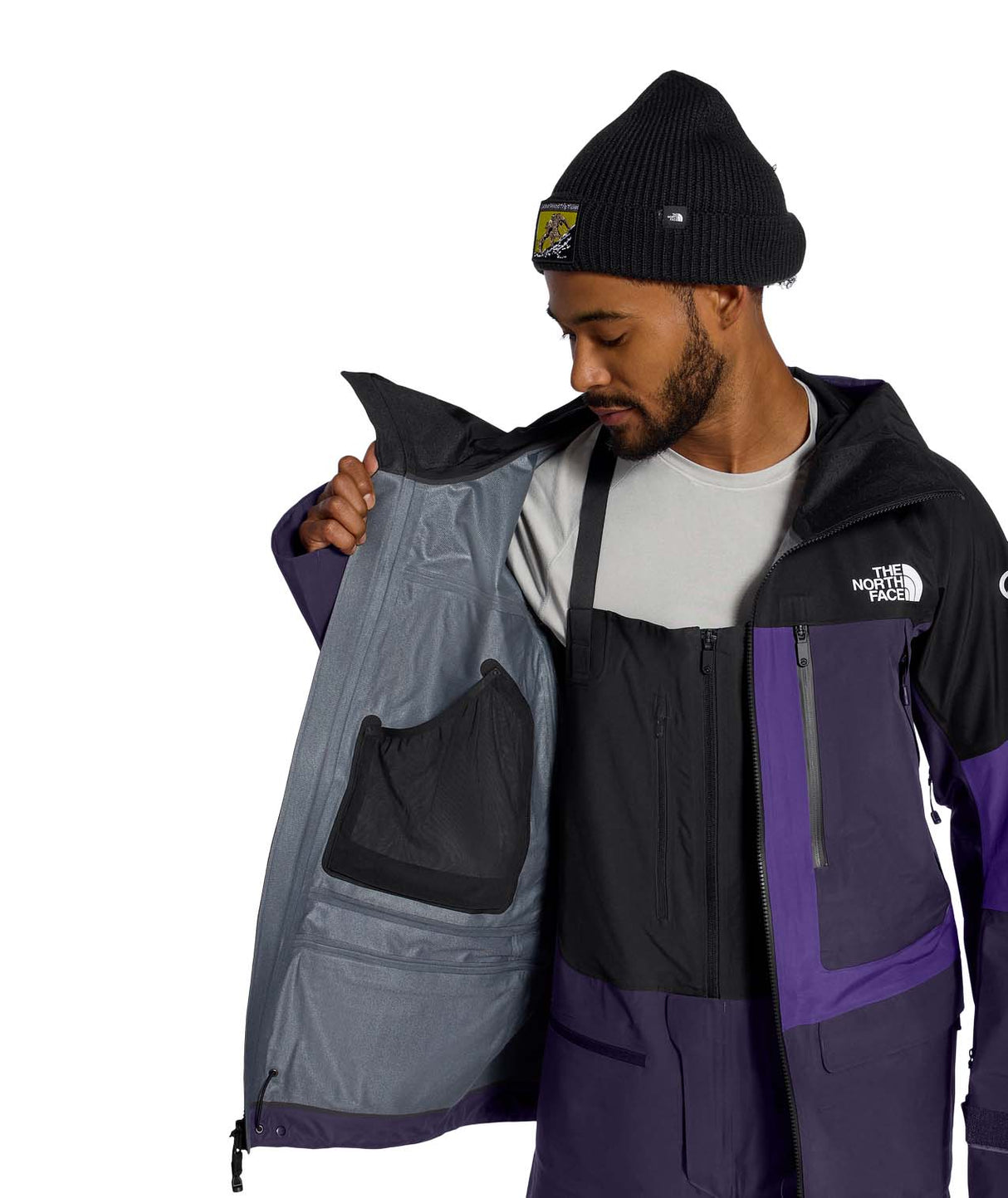 MSummitVerbierGTXJacket- Black and Purple hooded jacket with North Face logo on white background